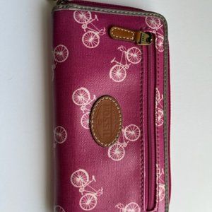 FOSSIL Coated Canvas Bicycle Theme Zip Around Wallet Pink